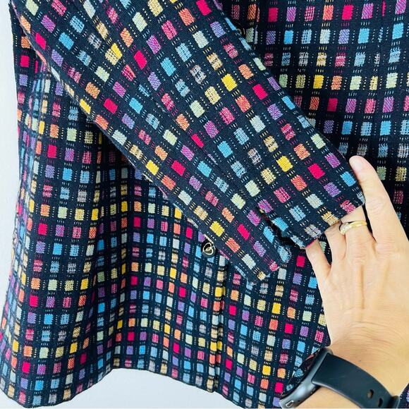 Vintage black blue rainbow check plaid longline button peacoat jacket large - Picture 5 of 6